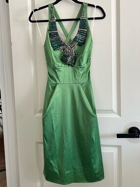 Vintage Mandalay Emerald Crystal Embellished Satin Cocktail Dress Size 4